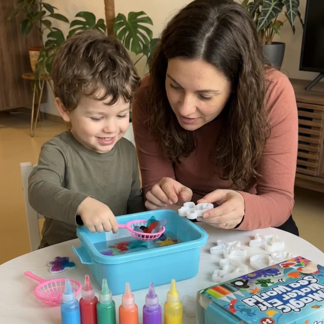 Mama z synkiem tworzą squishies – żele, foremki, siateczka i pudełko zestawu