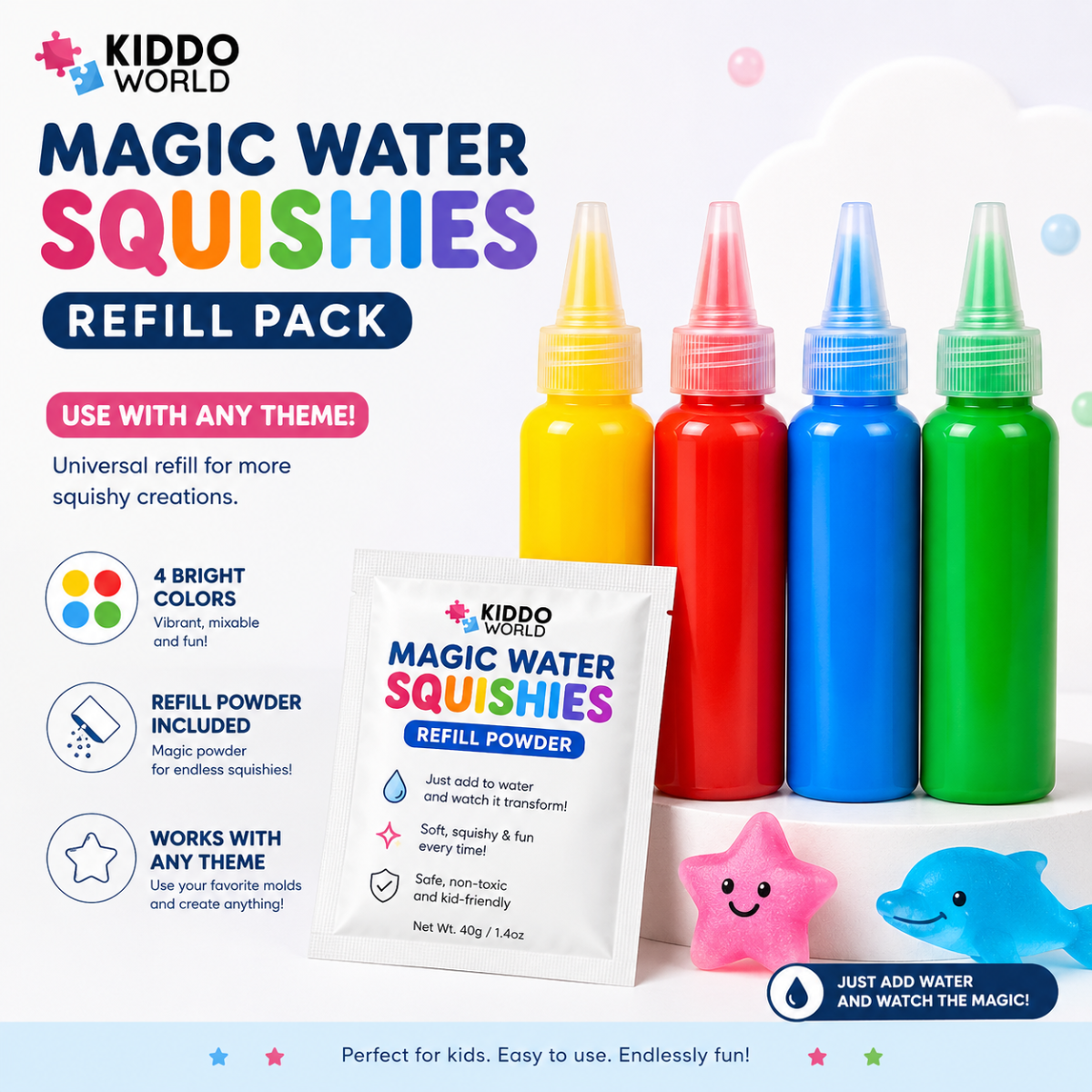 Magic Water Squishy Refill Pack – Uzupełnienie 4 kolory + 1 magiczny proszek (Kompatybilny ze wszystkimi zestawami, 3+ lata)