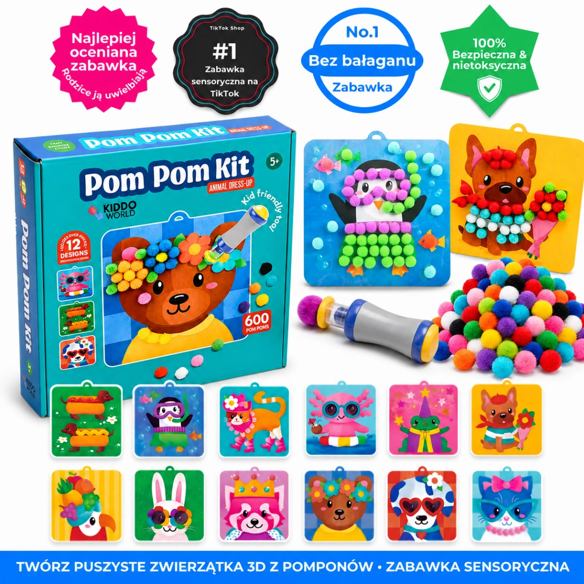 Pom Pom Kit – stwórz puszyste zwierzątka 3D z miękkich pomponów bez bałaganu! (5+ lat)