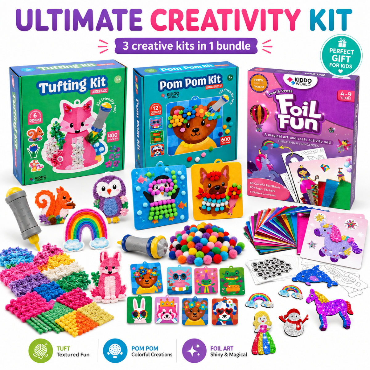 ULTYMATYWNY ZESTAW KREATYWNY: Pom Pom Kit, Tufting Kit & Foil Fun Księżniczki
