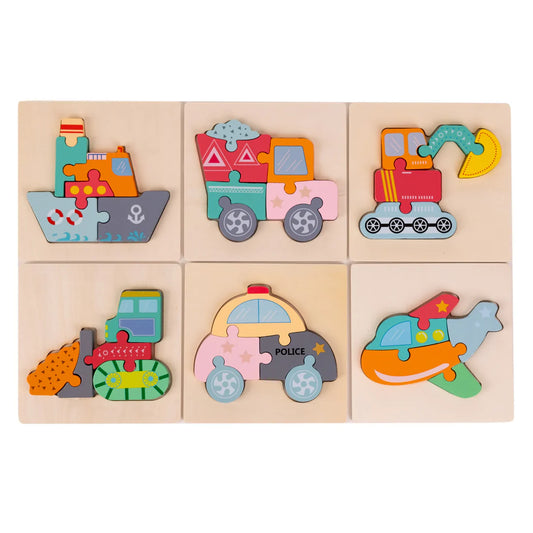 6 drewnianych puzzli Montessori – Autka (6+ miesięcy)
