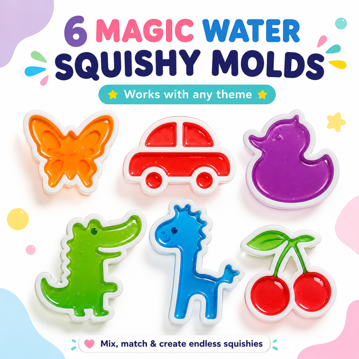 Magic Water Squishy Expansion Pack – 6 dodatkowych foremek (Nowe zwierzątka i kształty, 3+ lata)