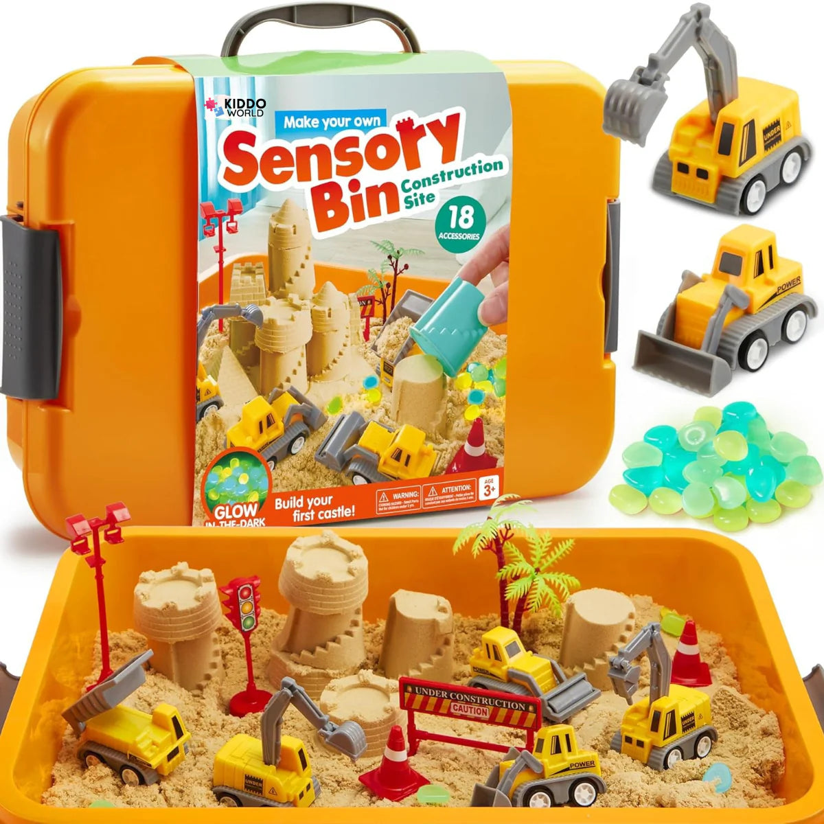 Zestaw sensoryczny z magnetycznym piaskiem i świecącymi kamyczkami | Plac budowy & koparki