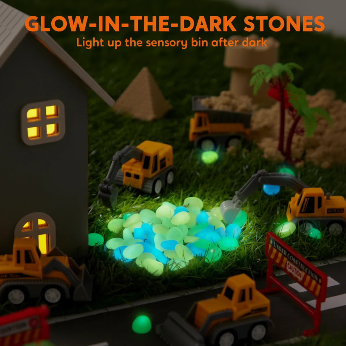 Zestaw sensoryczny z magnetycznym piaskiem i świecącymi kamyczkami | Plac budowy & koparki