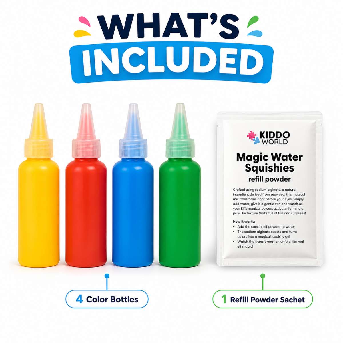 Magic Water Squishy Refill Pack – Uzupełnienie 4 kolory + 1 magiczny proszek (Kompatybilny ze wszystkimi zestawami, 3+ lata)