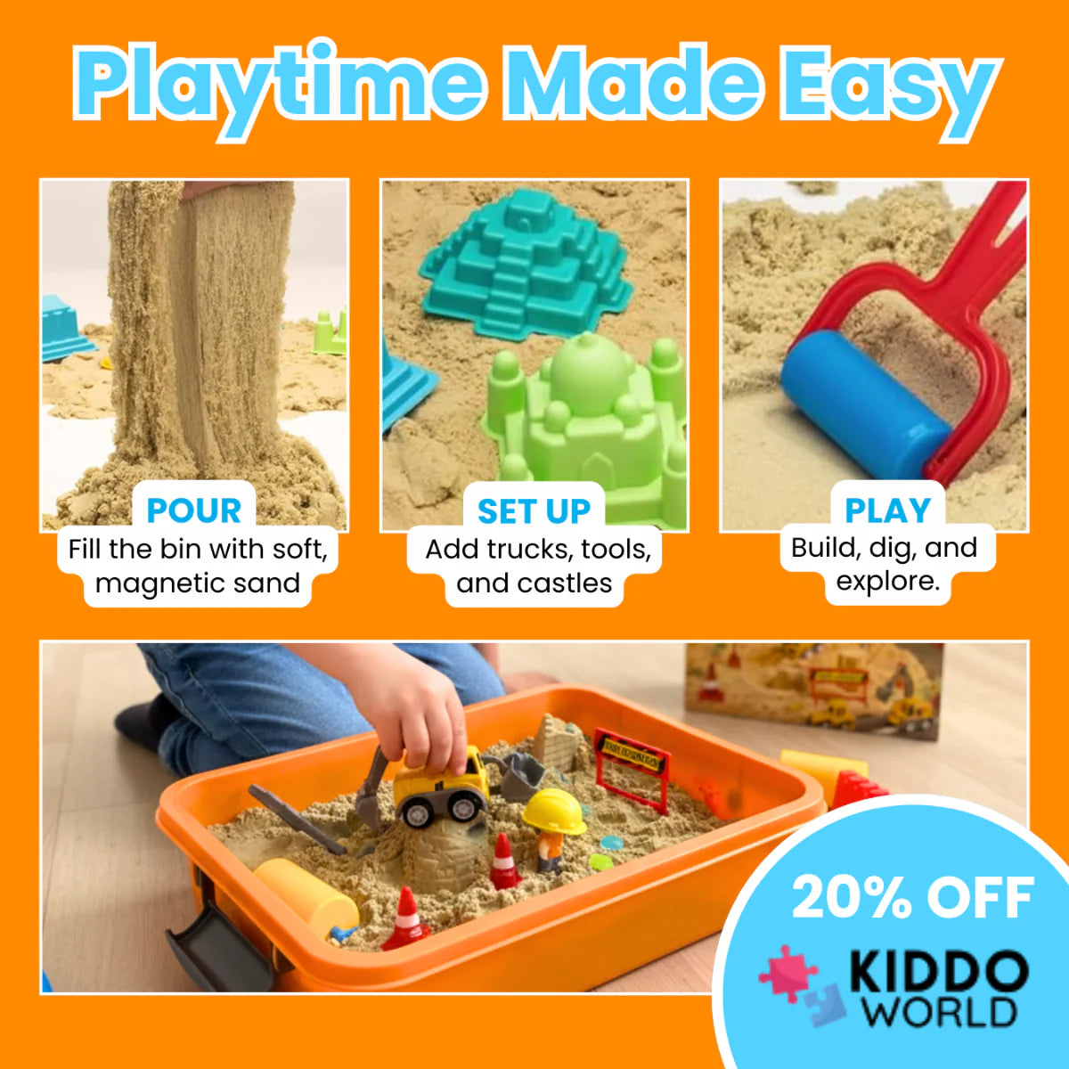 Zestaw sensoryczny z magnetycznym piaskiem i świecącymi kamyczkami | Plac budowy & koparki