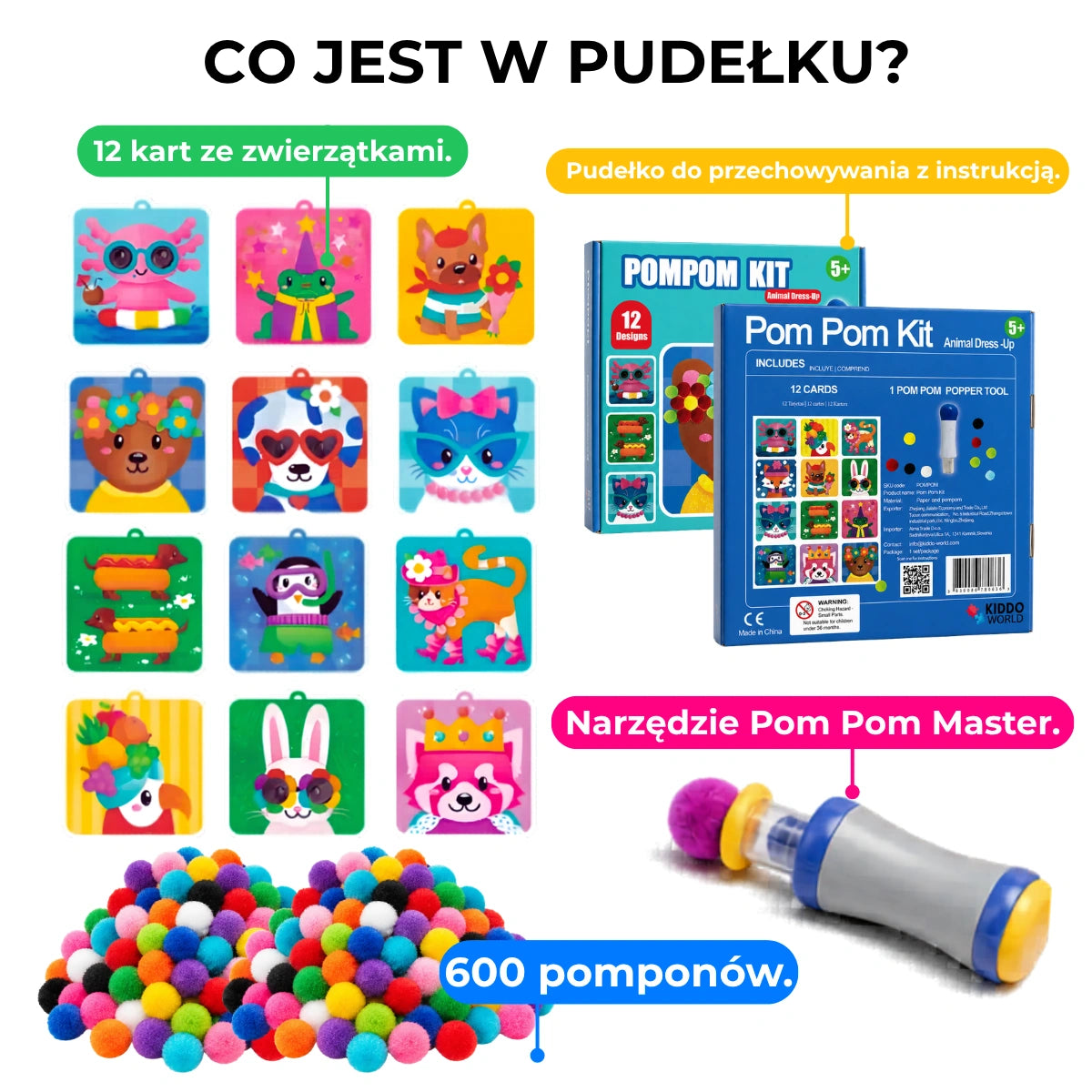 Pom Pom Kit – stwórz puszyste zwierzątka 3D z miękkich pomponów bez bałaganu! (5+ lat)