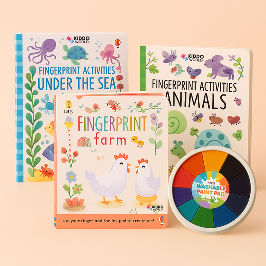 FINGER PARTY – Zestaw 3 kolorowanek + paleta kolorów (3x44 strony, od 1. roku życia)