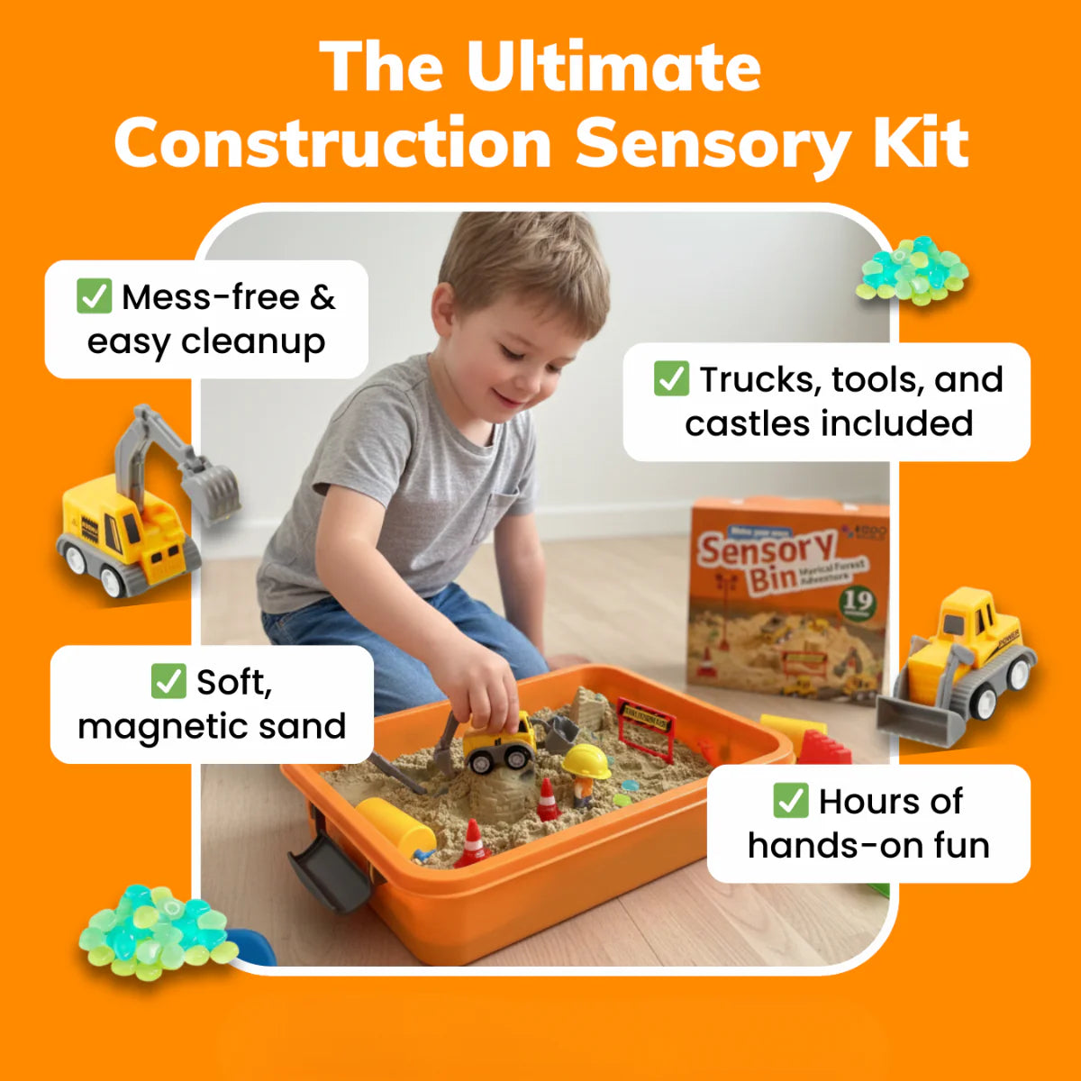 Zestaw sensoryczny z magnetycznym piaskiem i świecącymi kamyczkami | Plac budowy & koparki