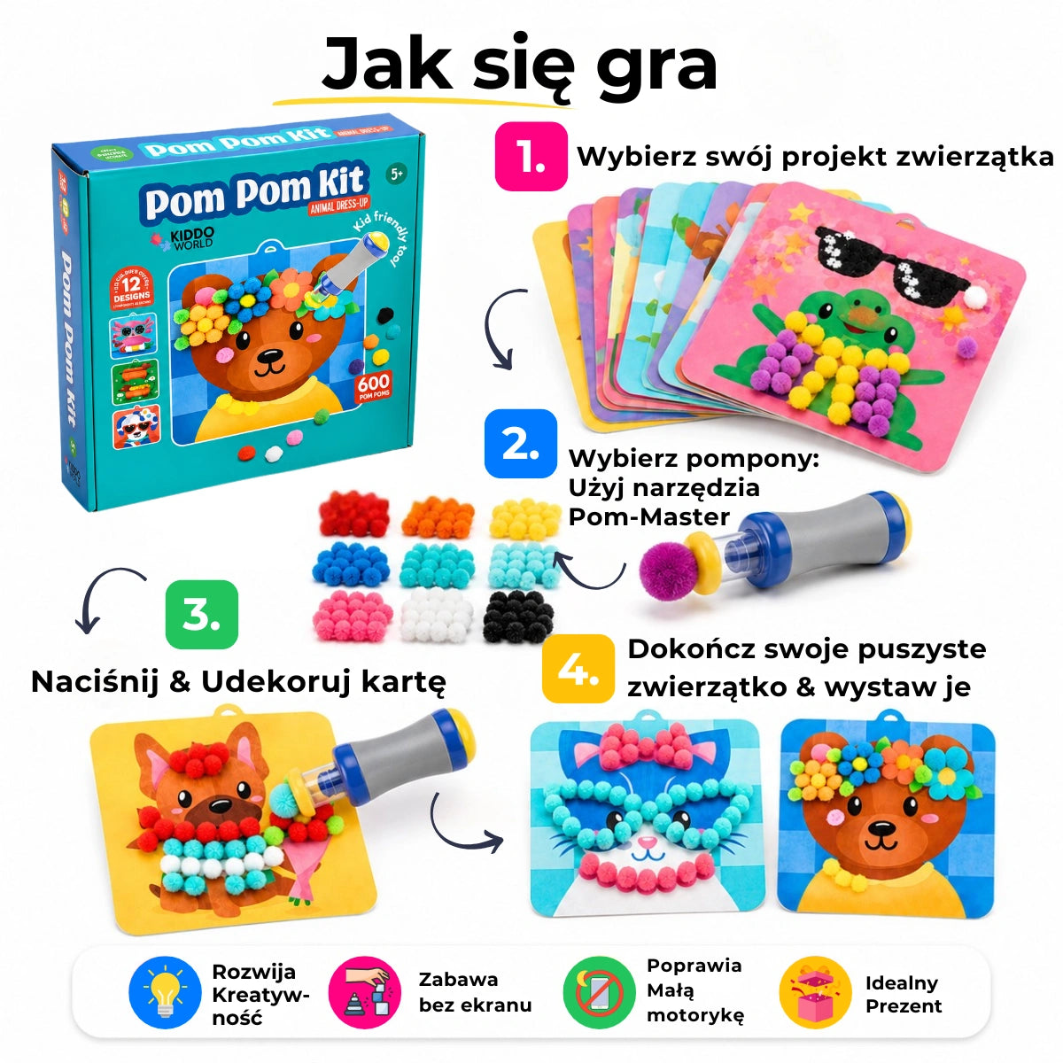 Pom Pom Kit – stwórz puszyste zwierzątka 3D z miękkich pomponów bez bałaganu! (5+ lat)