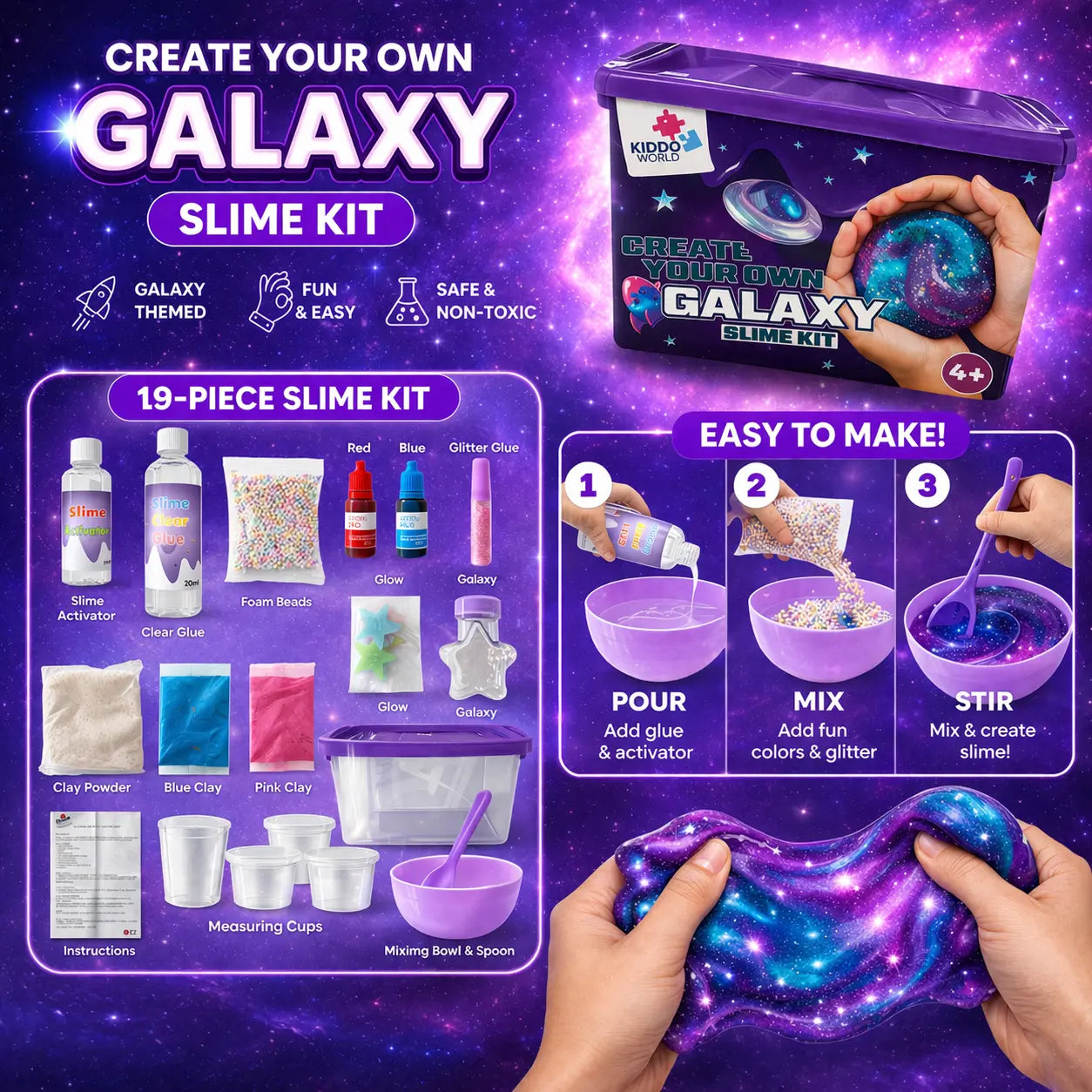 Galaxy Slime – stwórz błyszczący kosmiczny slime, który świeci w ciemności! (4+ lata)
