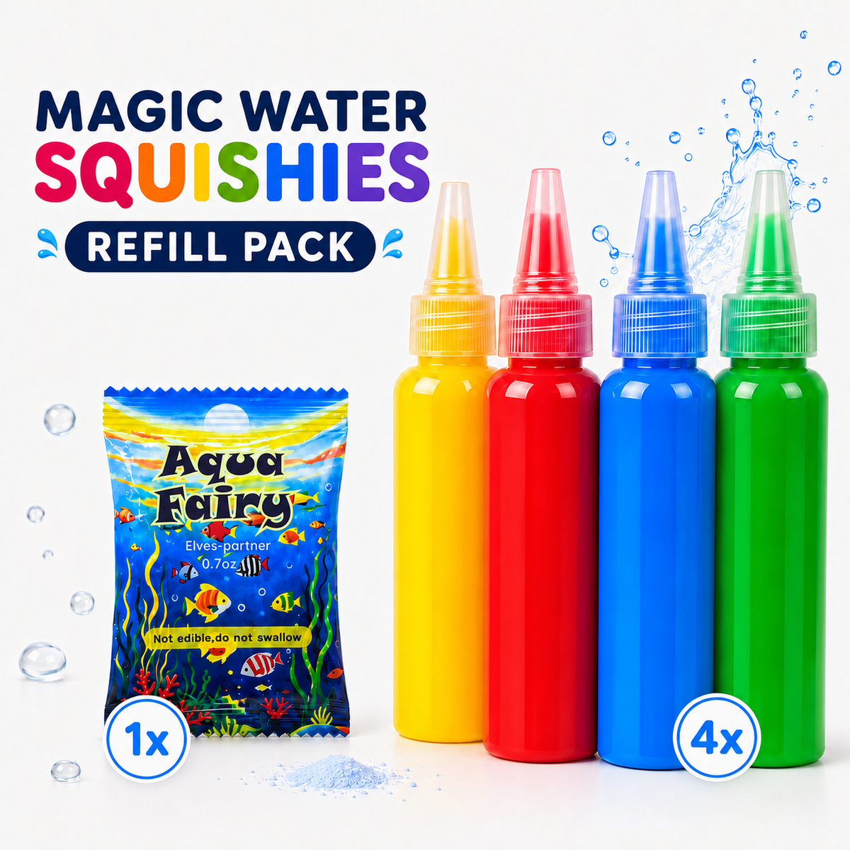 Magic Water Squishy Refill Pack – Uzupełnienie 4 kolory + 1 magiczny proszek (Kompatybilny ze wszystkimi zestawami, 3+ lata)