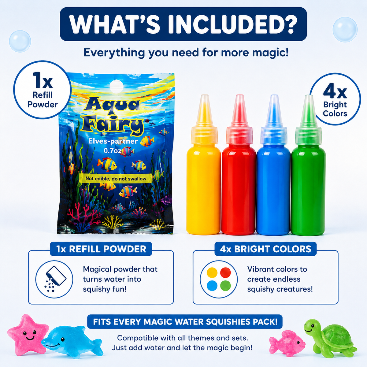 Magic Water Squishy Refill Pack – Uzupełnienie 4 kolory + 1 magiczny proszek (Kompatybilny ze wszystkimi zestawami, 3+ lata)