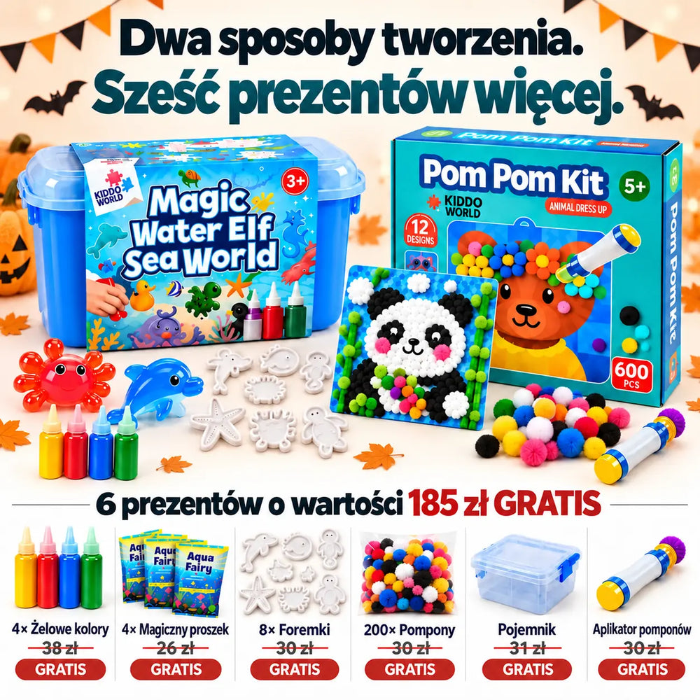 Duży pakiet kreatywny: 2 zestawy + 6 prezentów GRATIS – Pom Pom Kit i Magic Water Squishies