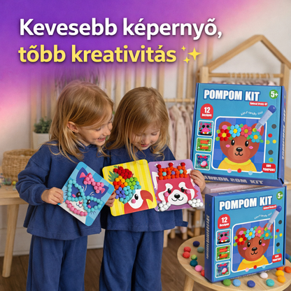 Zestaw Pomponów | 12 kart ze zwierzątkami + 600 pomponów + łatwe narzędzie | dla dzieci 5+
