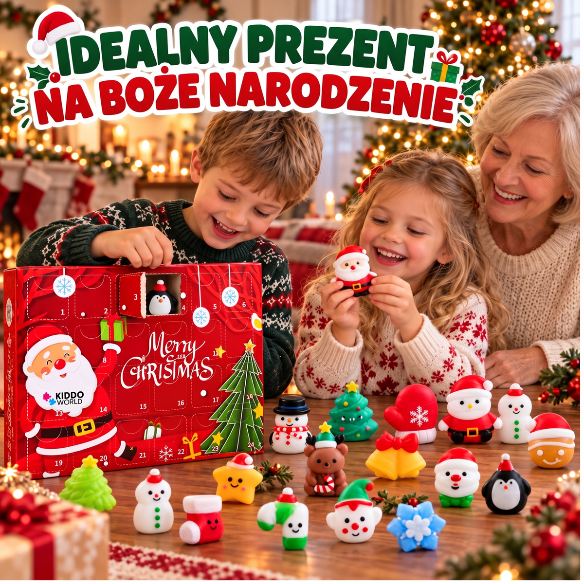 Rodzeństwo z babcią przy choince otwiera kalendarz adwentowy Squishy
