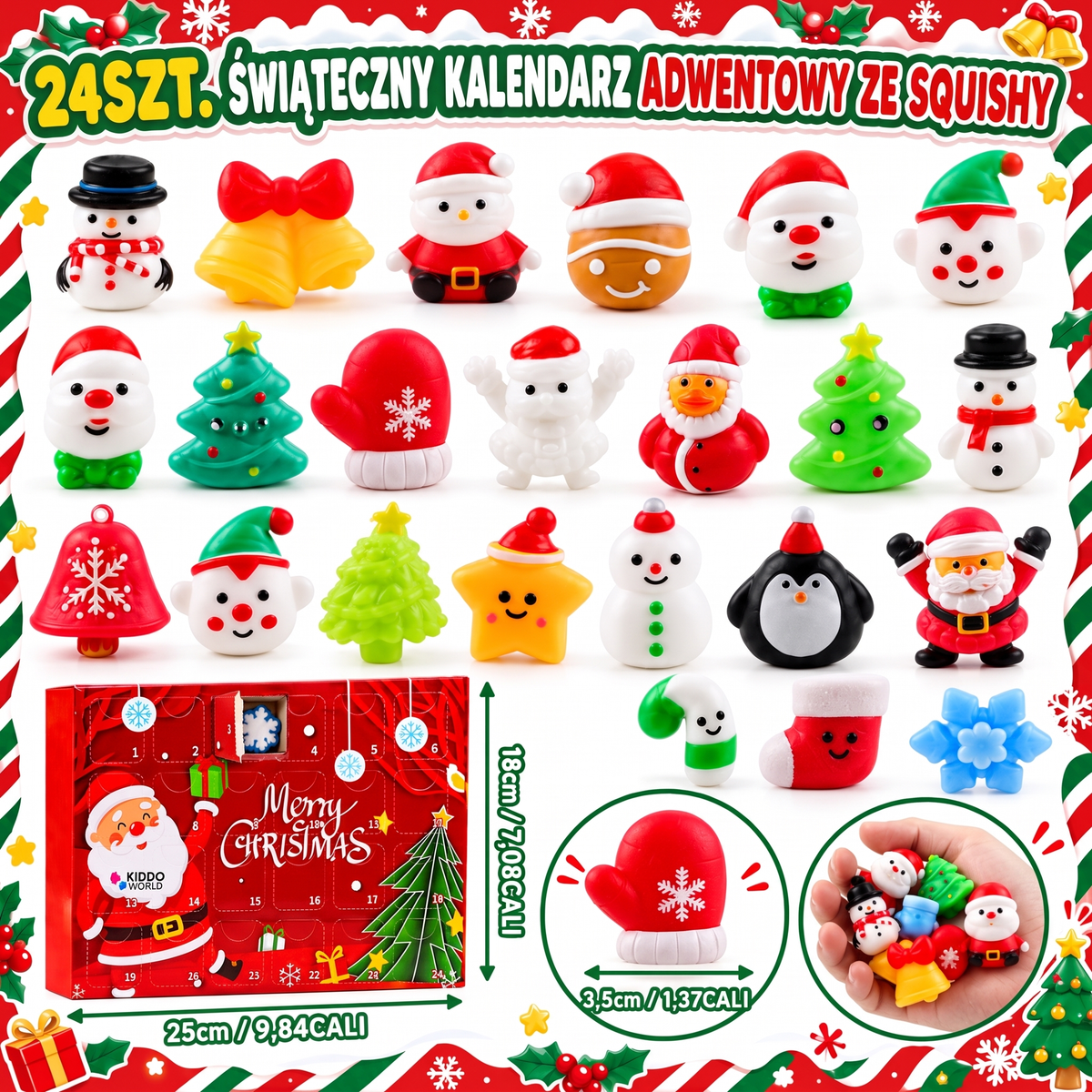 Wszystkie 24 świąteczne zabawki squishy z kalendarza adwentowego i wymiary opakowania