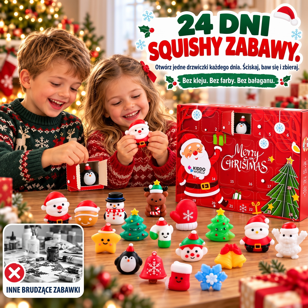 Dzieci śmieją się i ściskają zabawki squishy z kalendarza adwentowego – 24 dni zabawy bez bałaganu