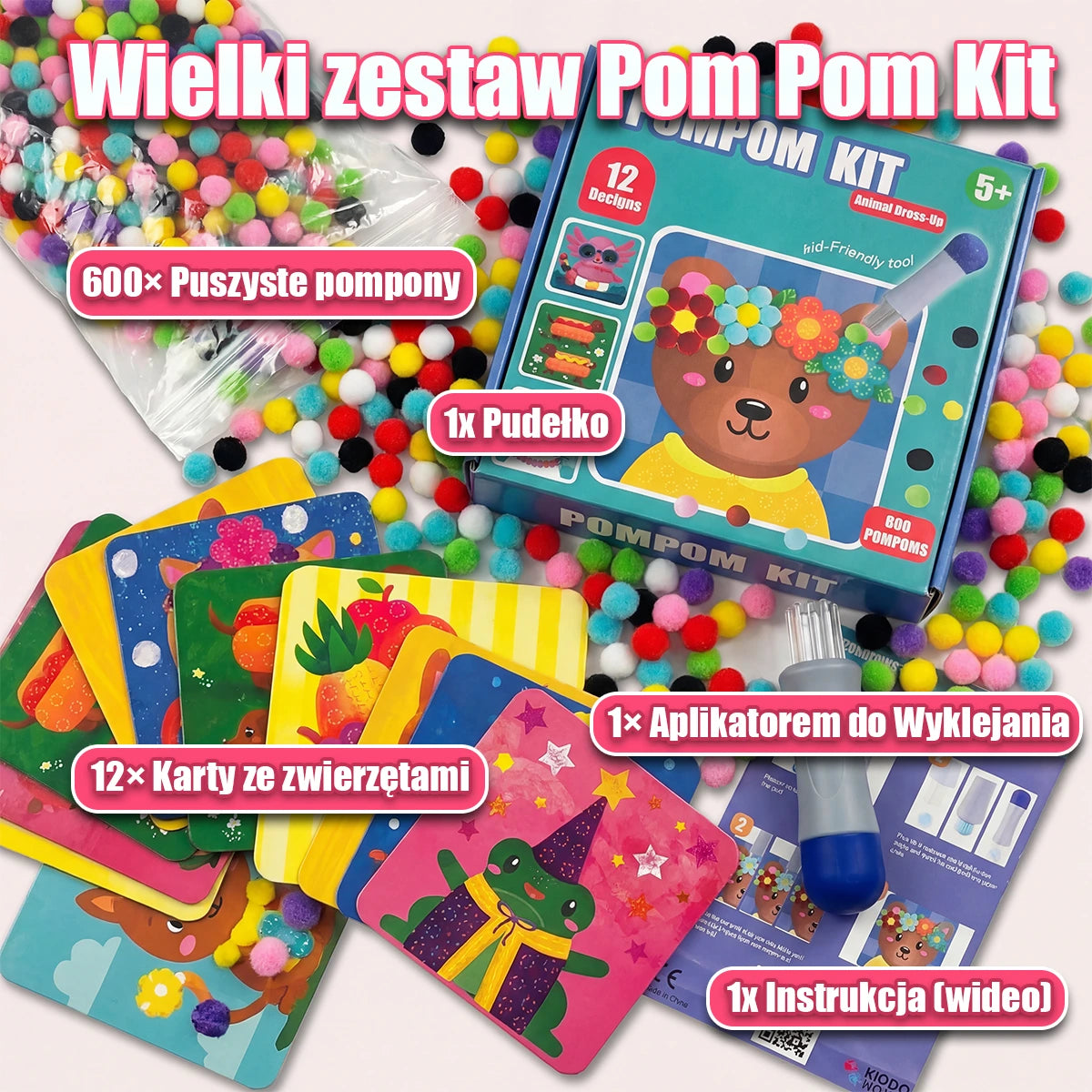 Zestaw Pomponów | 12 kart ze zwierzątkami + 600 pomponów + łatwe narzędzie | dla dzieci 5+