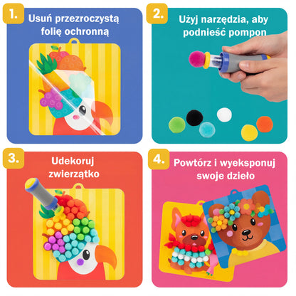 Pom Pom Kit z Aplikatorem do Wyklejania | 12 plansz + 600 pomponów