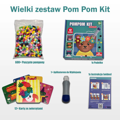 Zestaw Pomponów | 12 kart ze zwierzątkami + 600 pomponów + łatwe narzędzie | dla dzieci 5+