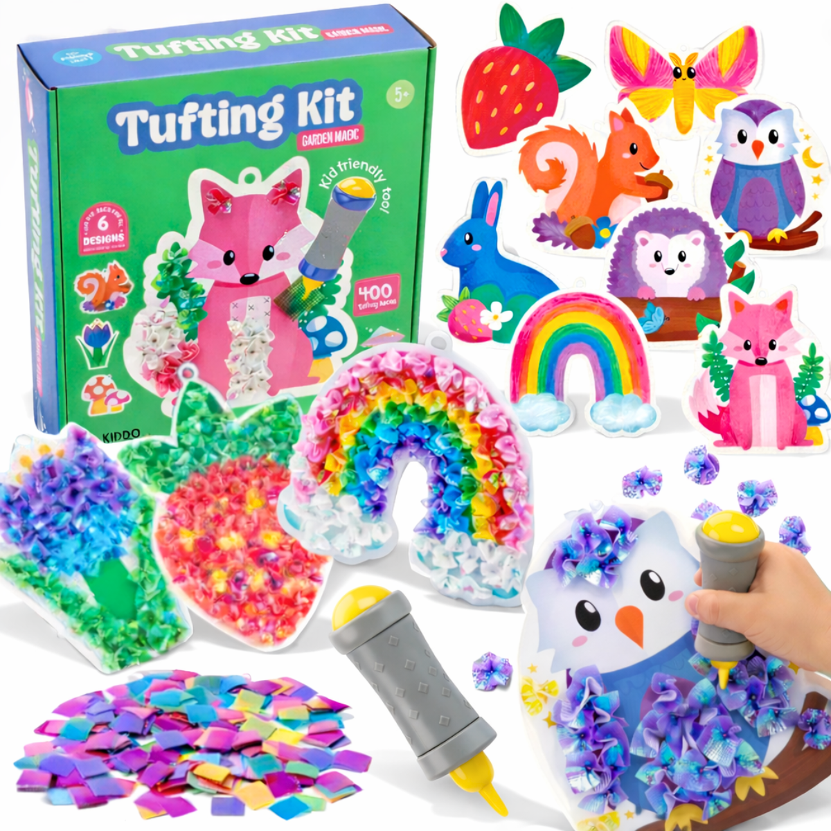 Tufting Kit – stwórz miękkie obrazy 3D z kolorowych kawałków tkaniny bez kleju i bałaganu! (5+ lat)