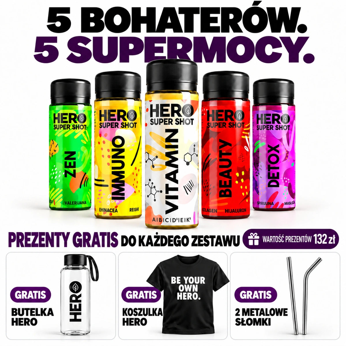 5 bohaterów, 5 supermocy – HERO Super Shot MIX z prezentami: butelka HERO, koszulka HERO i 2 metalowe słomki
