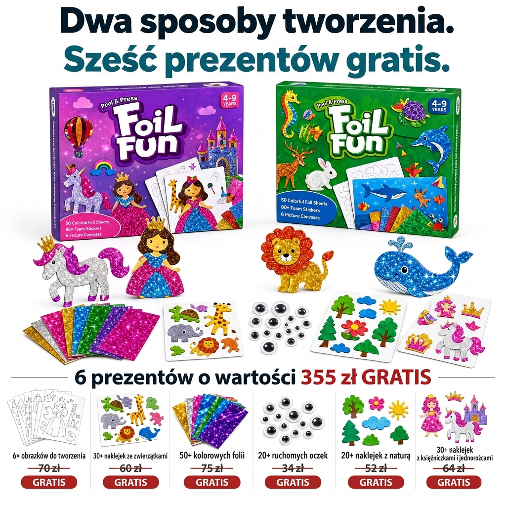 Foil Fun Duo + 6 prezentów – Foil Fun Księżniczki i Jednorożce oraz Foil Fun Zwierzęta